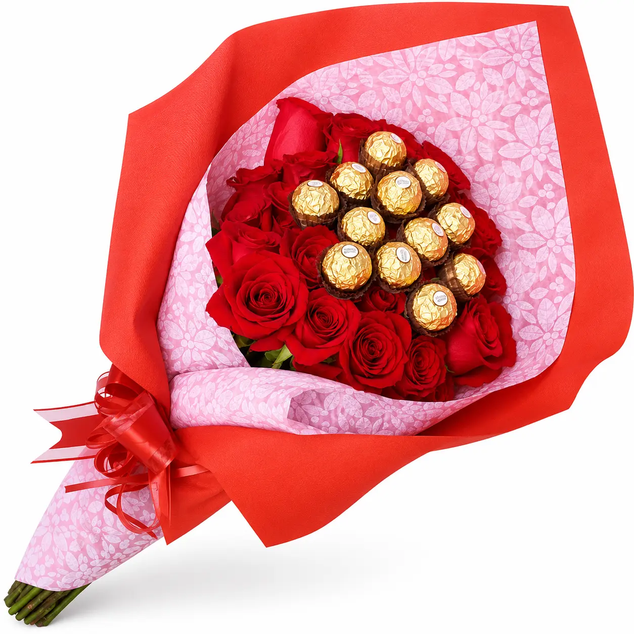 ramo buchón con rosas y chocolates para regalo especial delivery de flores en Lima
